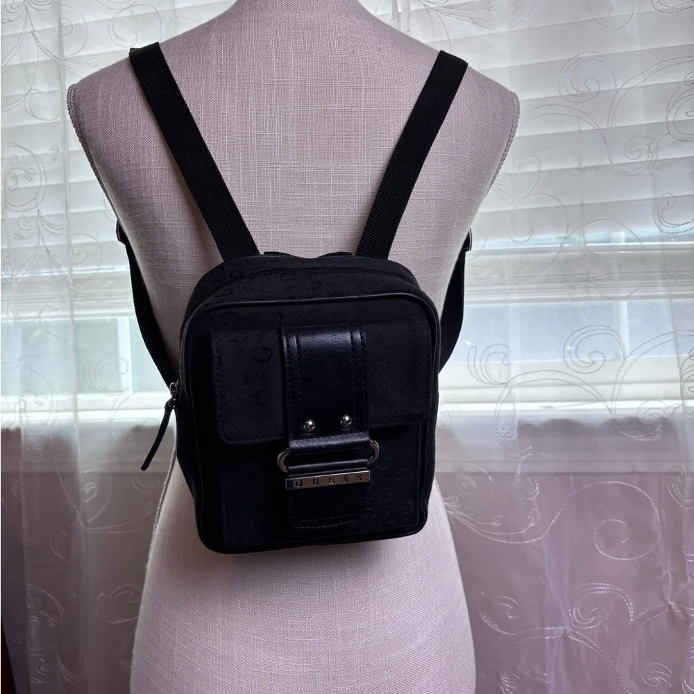 Guess Black Monogram Canvas Crossbody w/Silvertone Logo Buckle